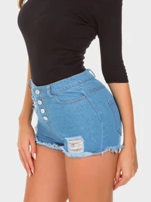 紐扣門襟後拉鏈破洞毛邊緣牛仔短褲 - 中等水洗藍 - 查看 5