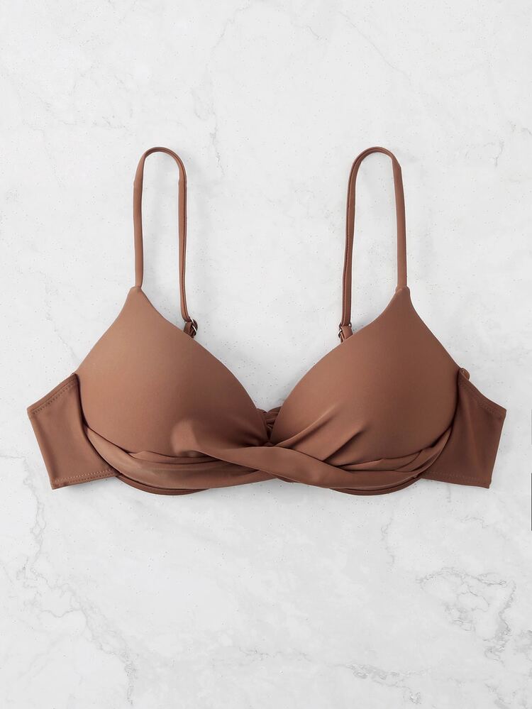 Solid Push Up Bikini Top, For Summer Beach Vacation - Coffee Brown - View 1