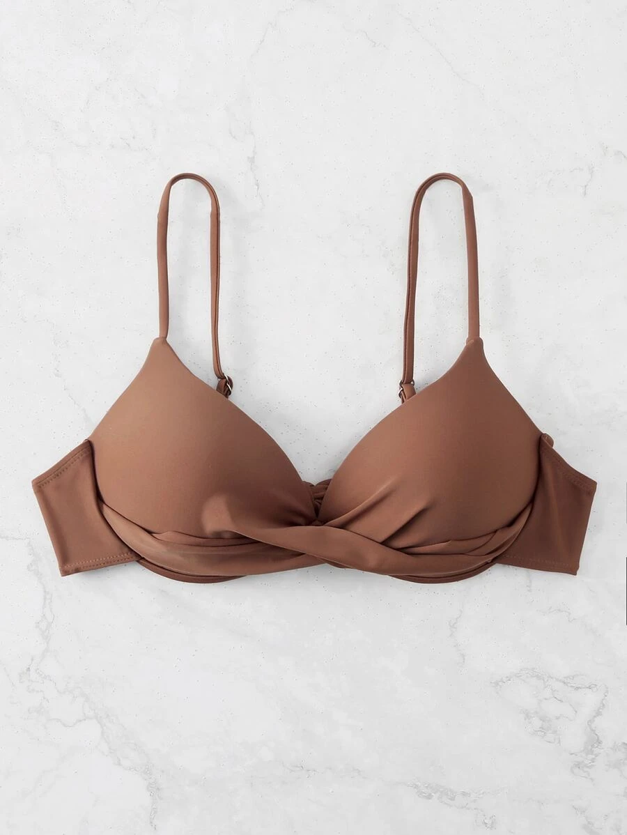 Solid Push Up Bikini Top, For Summer Beach Vacation - Coffee Brown - View 1
