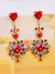 Rhinestone Heart Drop Earrings Valentines - Red - View 5