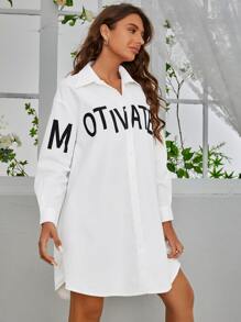 SHEIN Essnce Đầm Cao thấp Nút phía trước Lá thư Giải trí - trắng - Xem 3