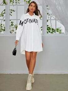 SHEIN Essnce Đầm Cao thấp Nút phía trước Lá thư Giải trí - trắng - Xem 4