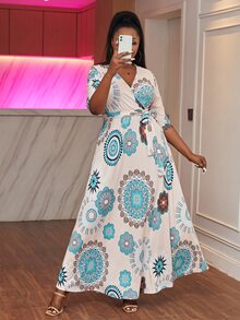 Astrid Plus Size Boho Floral Print Belted Dress, For Summer - Multicolor - View 4