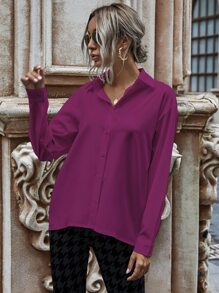 SHEIN Clasi Solid Button-Front Drop Shoulder Shirt - Purple - View 3