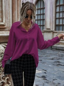 SHEIN Clasi Solid Button-Front Drop Shoulder Shirt - Purple - View 4