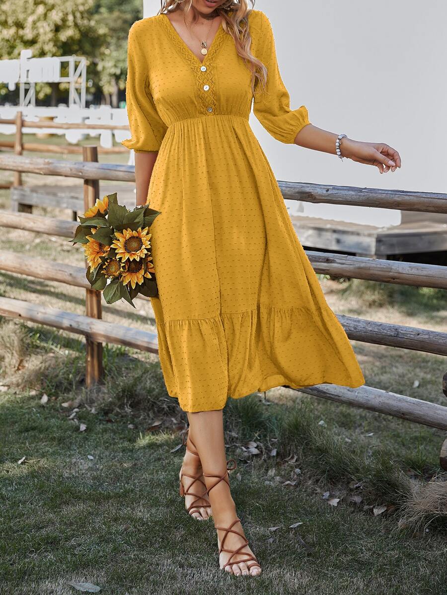 SHEIN Clasi Swiss Dot Lace Detail Fake Button Lantern Sleeve Ruffle Hem Dress - Yellow - View 1