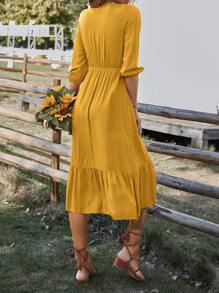 SHEIN Clasi Swiss Dot Lace Detail Fake Button Lantern Sleeve Ruffle Hem Dress - Yellow - View 2