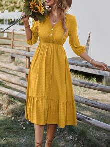 SHEIN Clasi Swiss Dot Lace Detail Fake Button Lantern Sleeve Ruffle Hem Dress - Yellow - View 3