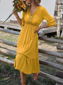 SHEIN Clasi Swiss Dot Lace Detail Fake Button Lantern Sleeve Ruffle Hem Dress - Yellow - View 5