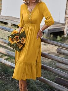 SHEIN Clasi Swiss Dot Lace Detail Fake Button Lantern Sleeve Ruffle Hem Dress - Yellow - View 6