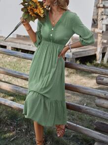 SHEIN VCAY Swiss Dot Lace Detail Fake Button Lantern Sleeve Ruffle Hem Dress - Green - View 3