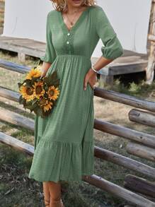 SHEIN VCAY Swiss Dot Lace Detail Fake Button Lantern Sleeve Ruffle Hem Dress - Green - View 4