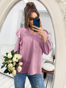 Áo sơ mi nữ Tương phản ren viền lá sen Xù màu trơn Thanh lịch - Bụi hồng - Xem 3