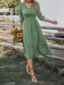 SHEIN VCAY Swiss Dot Lace Detail Fake Button Lantern Sleeve Ruffle Hem Dress - Green - View 6