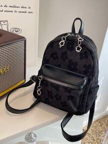 Mochila con estampado floral doble cremallera - Negro - Ver 2
