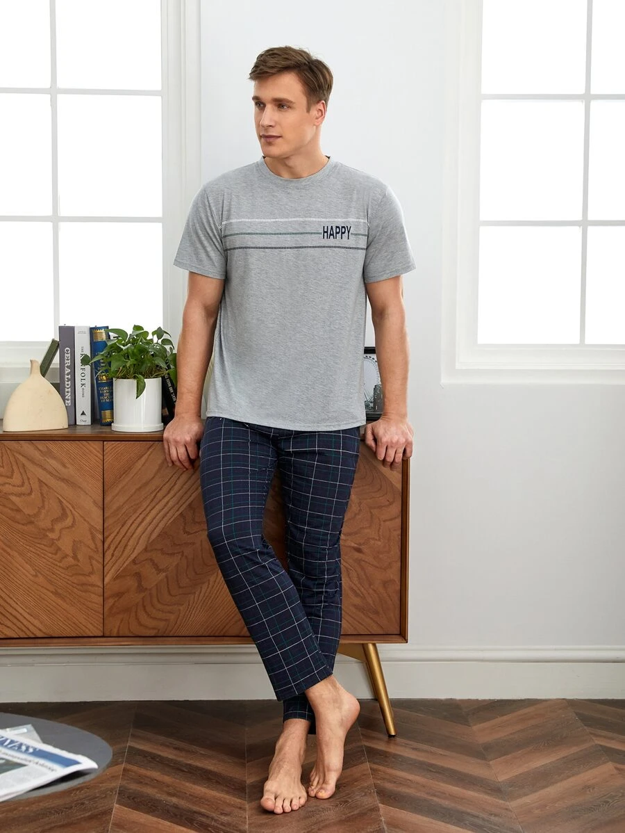 Hombres Set homewear con estampado de letra de cuadros - Multicolor - Ver 1