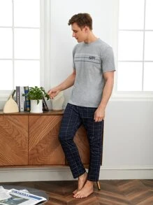 Hombres Set homewear con estampado de letra de cuadros - Multicolor - Ver 3