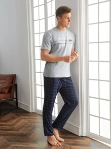 Hombres Set homewear con estampado de letra de cuadros - Multicolor - Ver 4