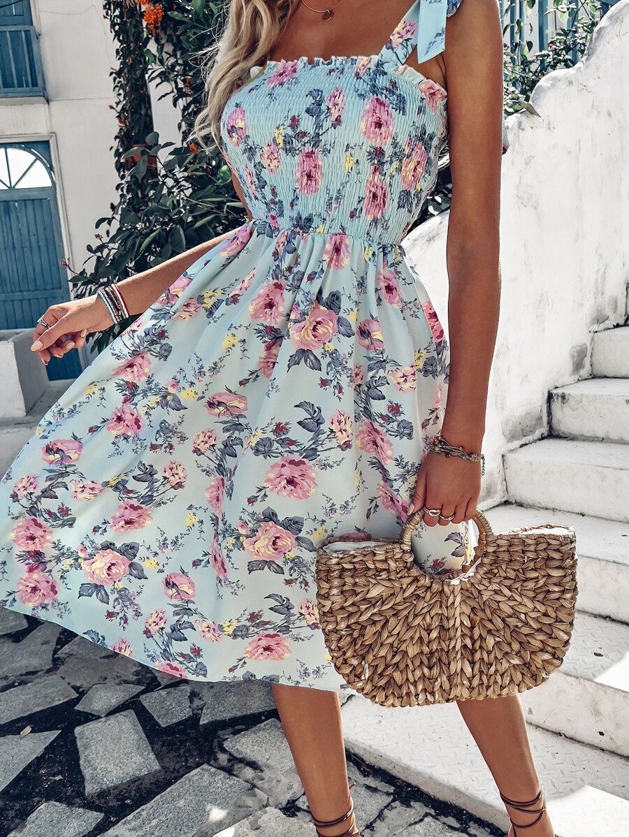 Breezaya 印花打褶肩上打結褶邊吊帶連衣裙 - 彩色 - 查看 1