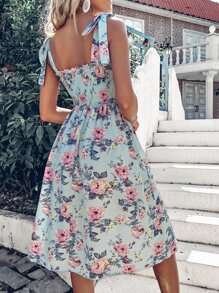 Breezaya 印花打褶肩上打結褶邊吊帶連衣裙 - 彩色 - 查看 2