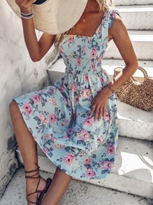 Breezaya 印花打褶肩上打結褶邊吊帶連衣裙 - 彩色 - 查看 3