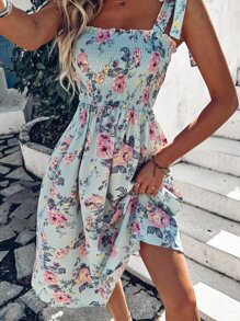 Breezaya 印花打褶肩上打結褶邊吊帶連衣裙 - 彩色 - 查看 6