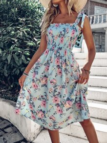 Breezaya 印花打褶肩上打結褶邊吊帶連衣裙 - 彩色 - 查看 7