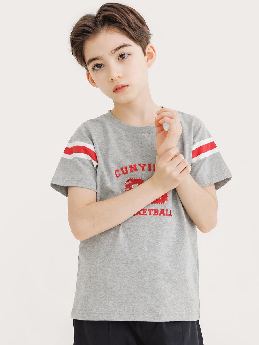 Niños 1 pieza Camiseta con estampado de letra y rayas - Gris Claro - Ver 1