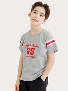 Niños 1 pieza Camiseta con estampado de letra y rayas - Gris Claro - Ver 5