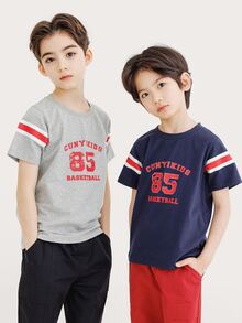 Niños 1 pieza Camiseta con estampado de letra y rayas - Gris Claro - Ver 6