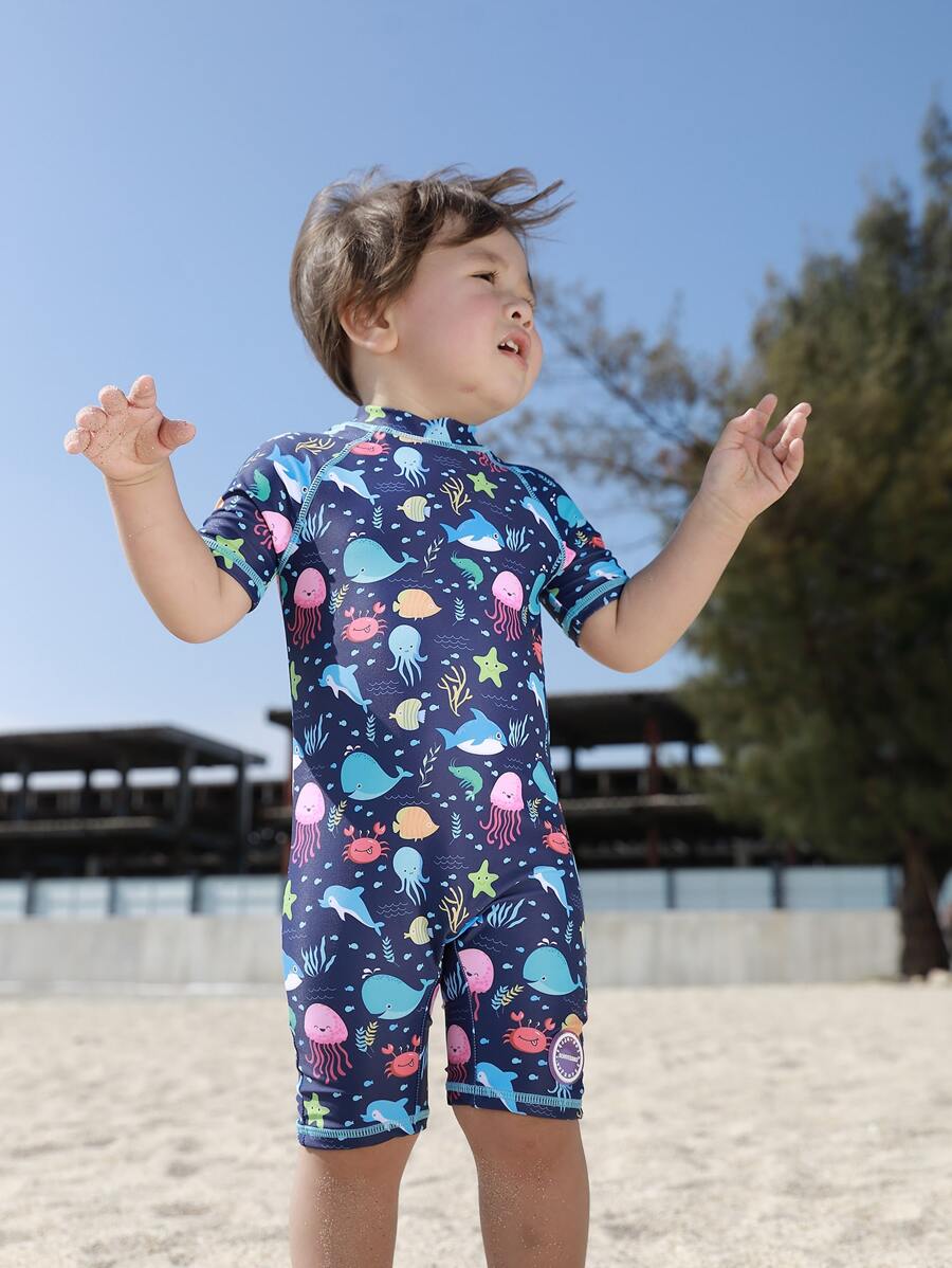 嬰兒標語圖案插肩袖連體泳衣 - 彩色 - 查看 1