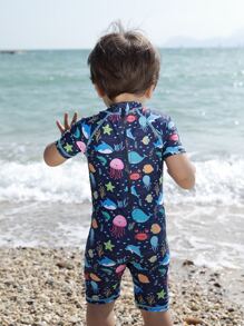 嬰兒標語圖案插肩袖連體泳衣 - 彩色 - 查看 2