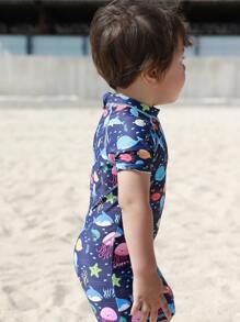 嬰兒標語圖案插肩袖連體泳衣 - 彩色 - 查看 3