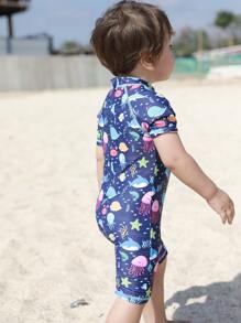 嬰兒標語圖案插肩袖連體泳衣 - 彩色 - 查看 4