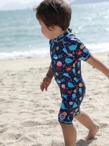 嬰兒標語圖案插肩袖連體泳衣 - 彩色 - 查看 6