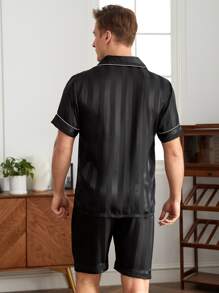 Men Striped Jacquard Contrast Piping Satin PJ Set / Pajama Set - Black - View 2