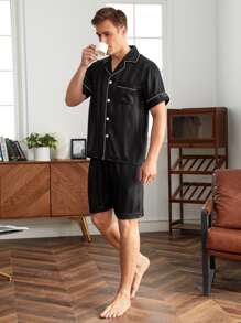 Men Striped Jacquard Contrast Piping Satin PJ Set / Pajama Set - Black - View 3