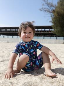 嬰兒標語圖案插肩袖連體泳衣 - 彩色 - 查看 8