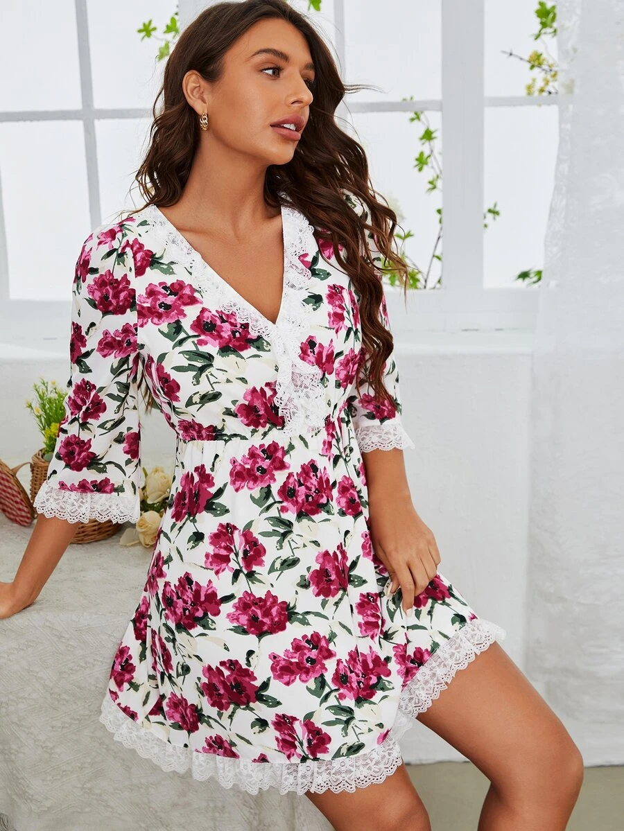 SHEIN Floral Lace Trim Dress - Multicolor - View 1