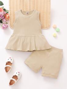 Bộ thời trang bé gái Viên lá sen Gân đan màu trơn Dễ thương - Màu Khaki - Xem 1