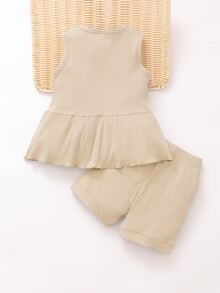 Bộ thời trang bé gái Viên lá sen Gân đan màu trơn Dễ thương - Màu Khaki - Xem 2