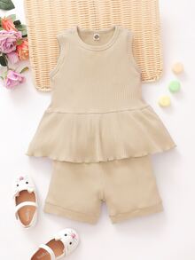 Bộ thời trang bé gái Viên lá sen Gân đan màu trơn Dễ thương - Màu Khaki - Xem 3