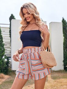Block Striped Dual Pocket Paper Bag Waist Knot Front Shorts - Multicolor - View 2