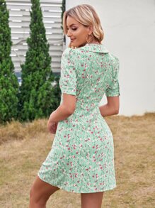 小碎花前打結泡泡袖洋裝 - 綠色 - 查看 2