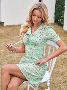 小碎花前打結泡泡袖洋裝 - 綠色 - 查看 3