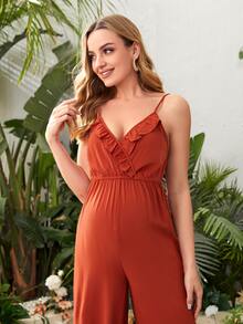 SHEIN 孕婦荷葉邊闊腿吊帶連體褲 - 亮橙色 - 查看 3