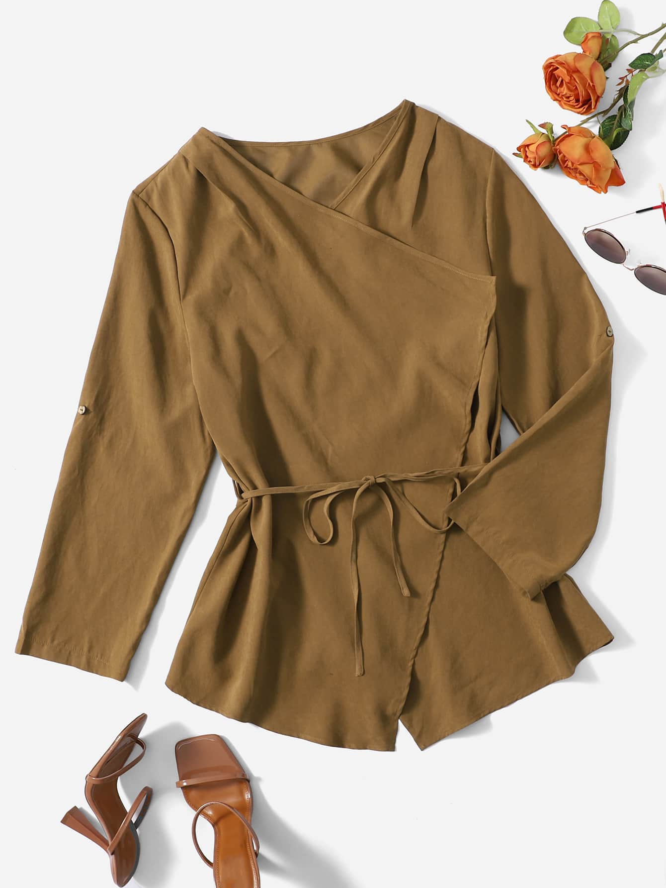SHEIN Unity 大碼圍裹不對稱下擺腰帶夾克 - 棕色 - 查看 1