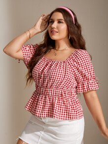 大碼格子圖案荷葉袖荷葉邊下擺襯衫 - 紅白色 - 查看 1