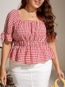 大碼格子圖案荷葉袖荷葉邊下擺襯衫 - 紅白色 - 查看 5