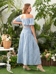SHEIN 孕婦小碎花一字肩短款上衣和腰部打褶半身裙 - 彩色 - 查看 2
